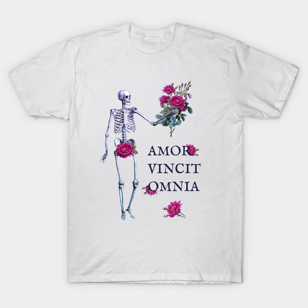 Amor Vincit Omnia skeleton and roses white T-Shirt by annaazart